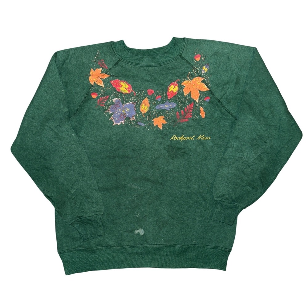 Vintage Hanes Rockport Mass Autumn Leaves Sweatshirt Green Raglan Medium USA